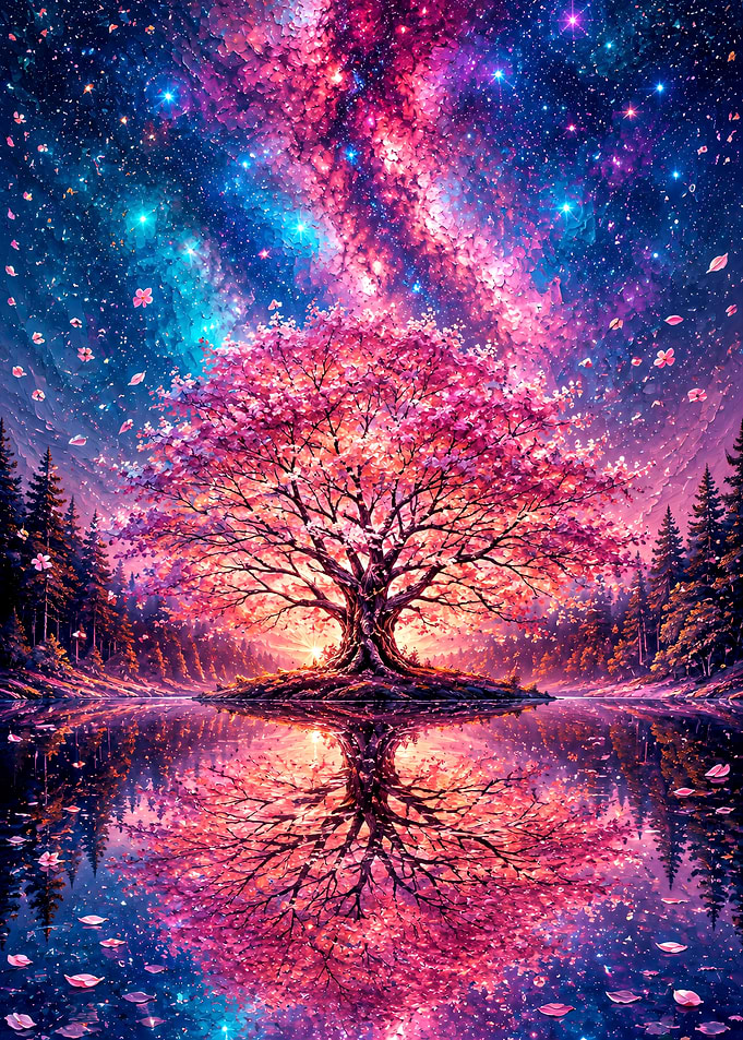Glowing Cherry Blossom Tree Under Galaxy