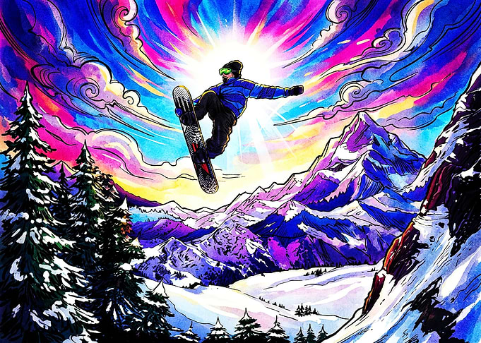 Vibrant Psychedelic Snowboarding Mountain Jump