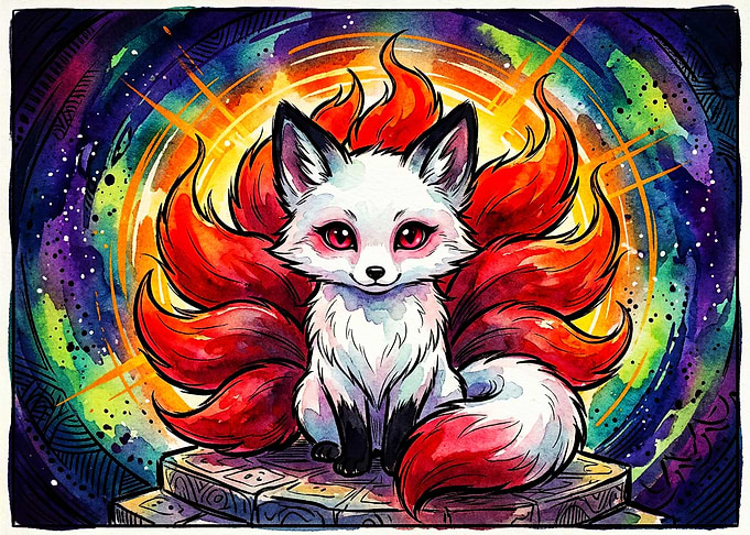 Cute Nine-Tailed Kitsune Fox Illustration