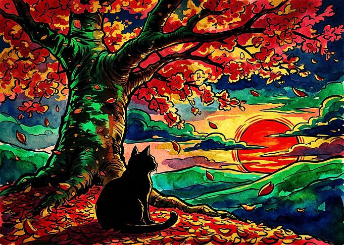 Black Cat Under Autumn Tree