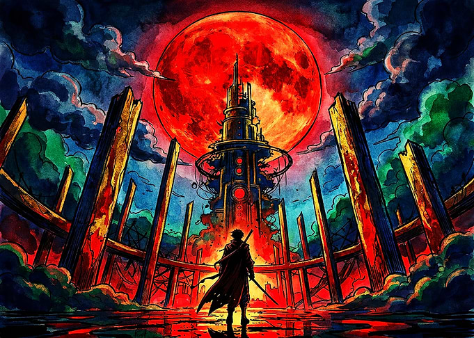 Warrior Facing a Crimson Tower