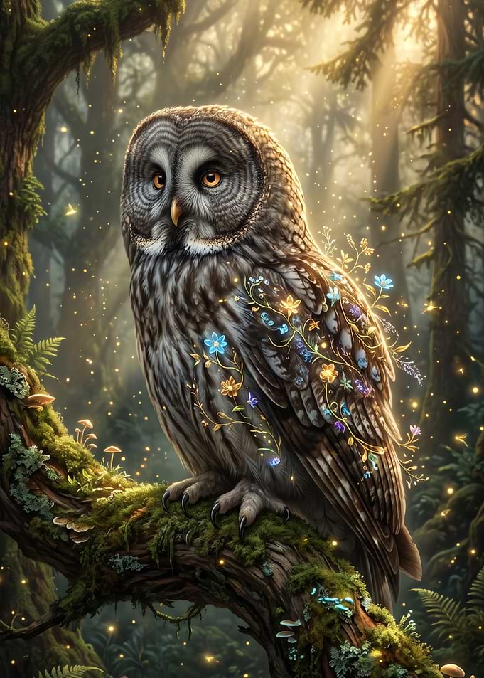 Enchanted Great Gray Owl in Forest