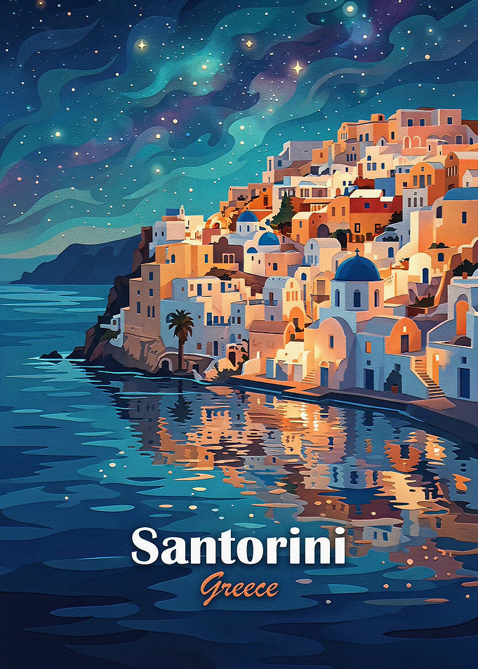 Santorini Greece Night Travel Poster