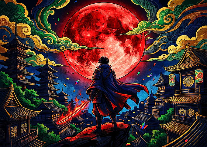 Samurai Warrior Under Blood Moon
