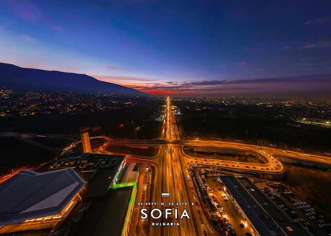 Aerial Night View of Sofia Bulgaria