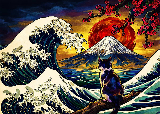 Cat Watching Mount Fuji and Waves