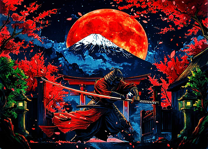 Samurai Warrior Under Red Moon