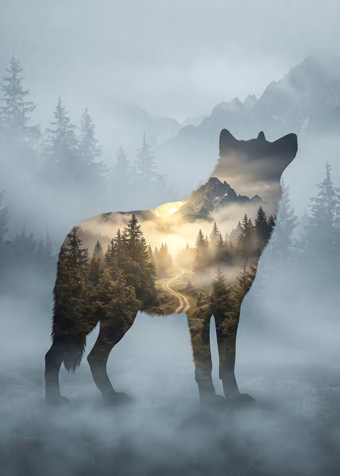Double Exposure Wolf Forest Silhouette