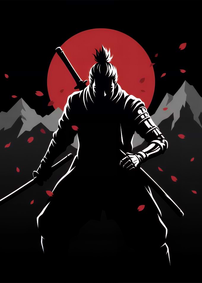 Samurai Warrior Silhouette with Red Sun