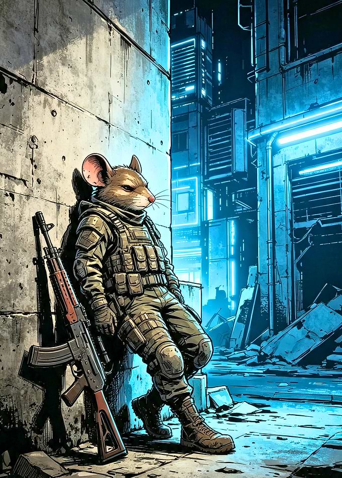 Cyberpunk Soldier Mouse in Urban Ruins