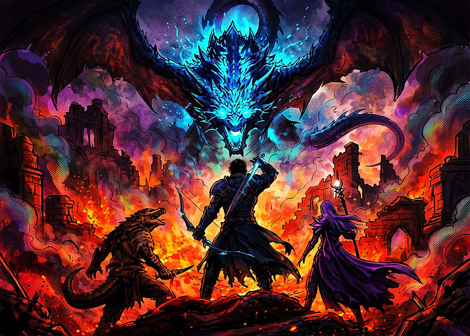 Adventurers Facing a Blue Dragon