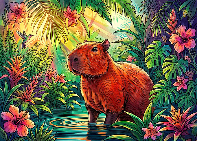 Vibrant Capybara in Tropical Jungle