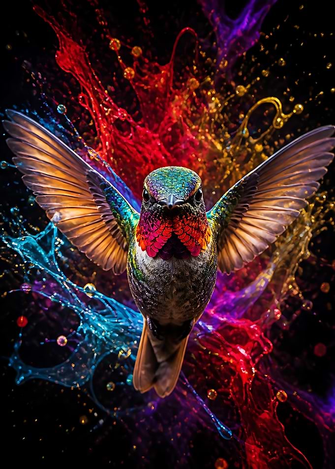 Vibrant Hummingbird Amidst Colorful Paint Splashes