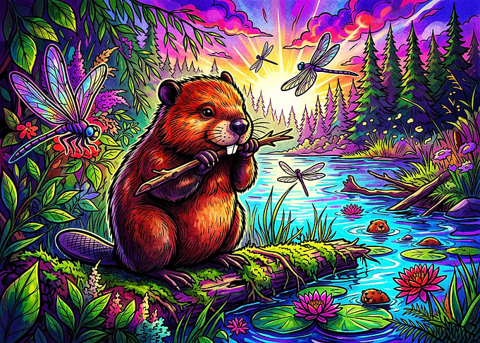 Vibrant Psychedelic Beaver by the River