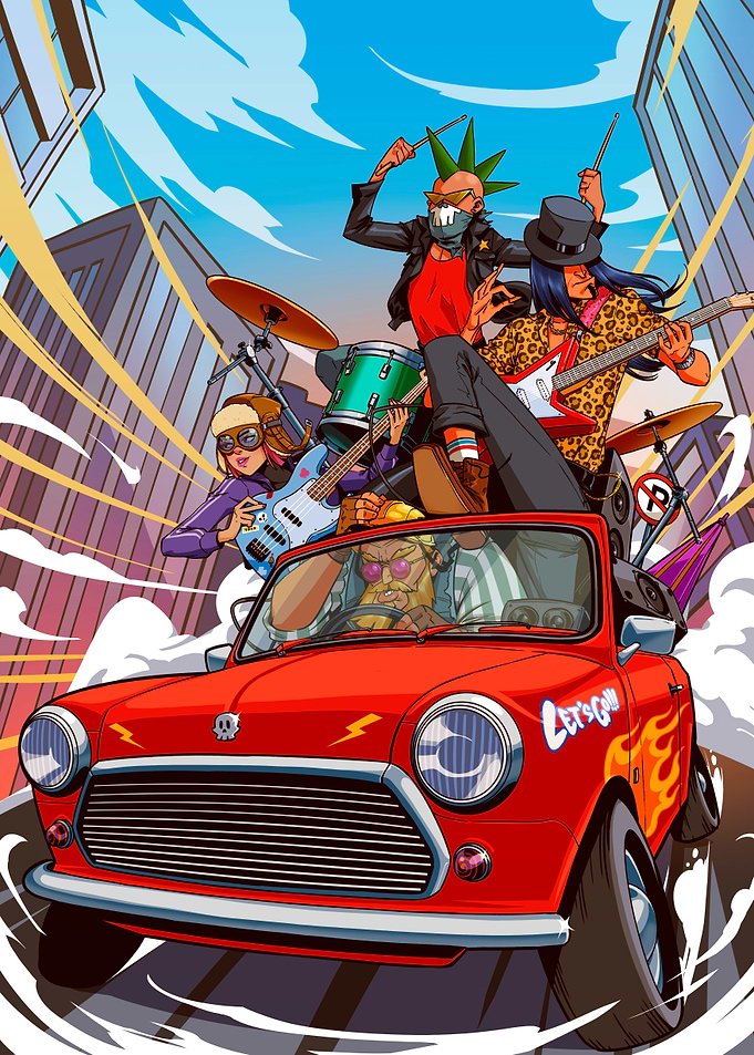 Punk Rock Band Driving Red Car