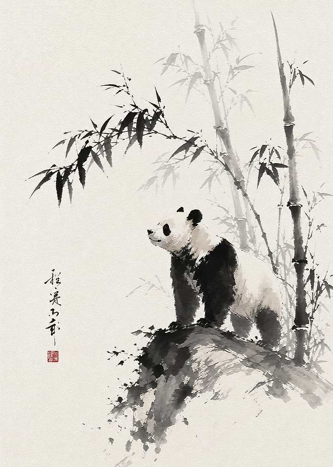 Traditional Ink Wash Panda Painting