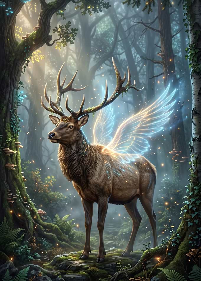 Majestic Winged Stag in Enchanted Forest