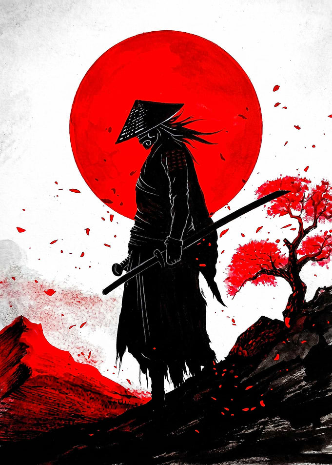 Samurai Silhouette with Red Sun
