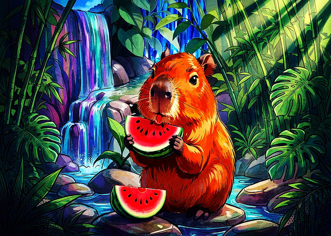 Capybara Eating Watermelon by Waterfall