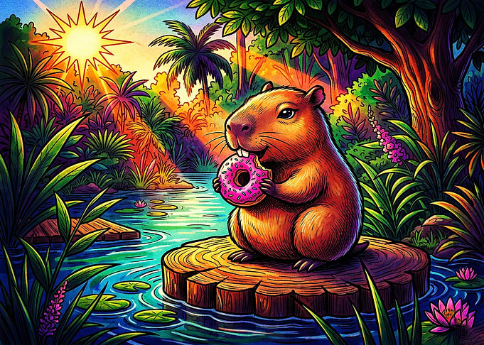 Capybara Eating a Pink Donut