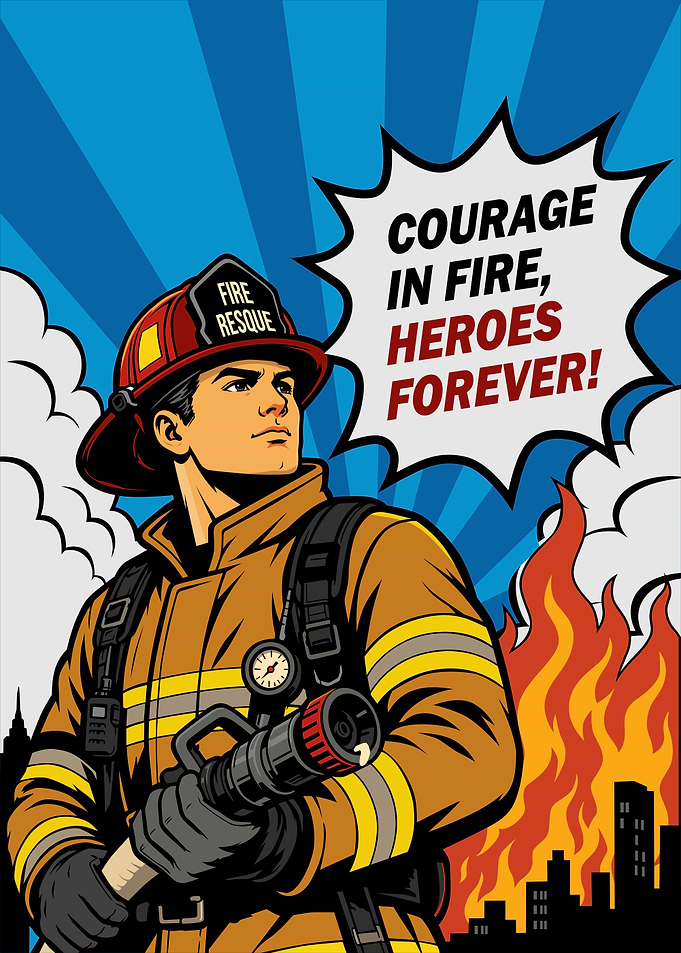 Courageous Firefighter Comic Style Poster