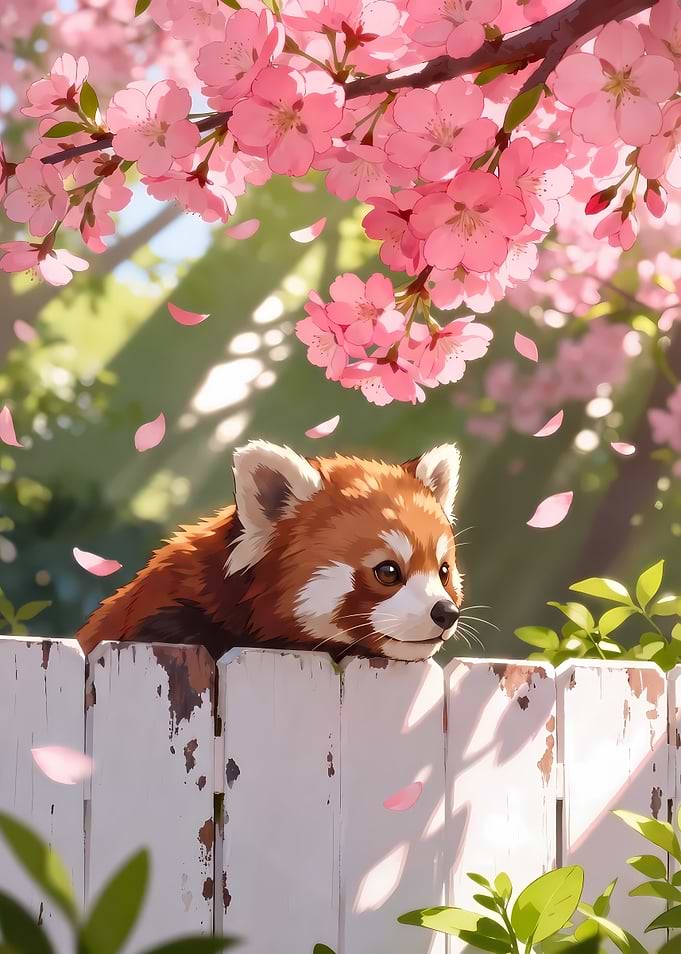 Cute Red Panda Under Cherry Blossoms