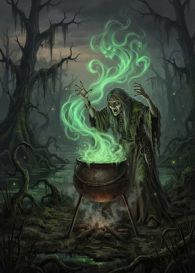 Witch Brewing Magic in Dark Swamp