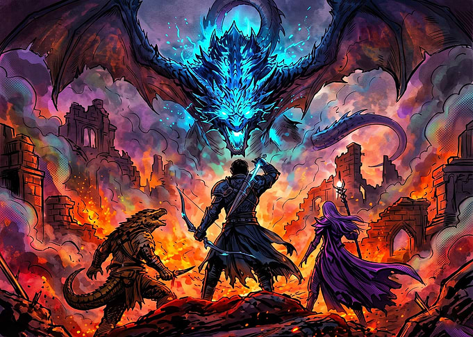 Adventurers Facing a Blue Fire Dragon