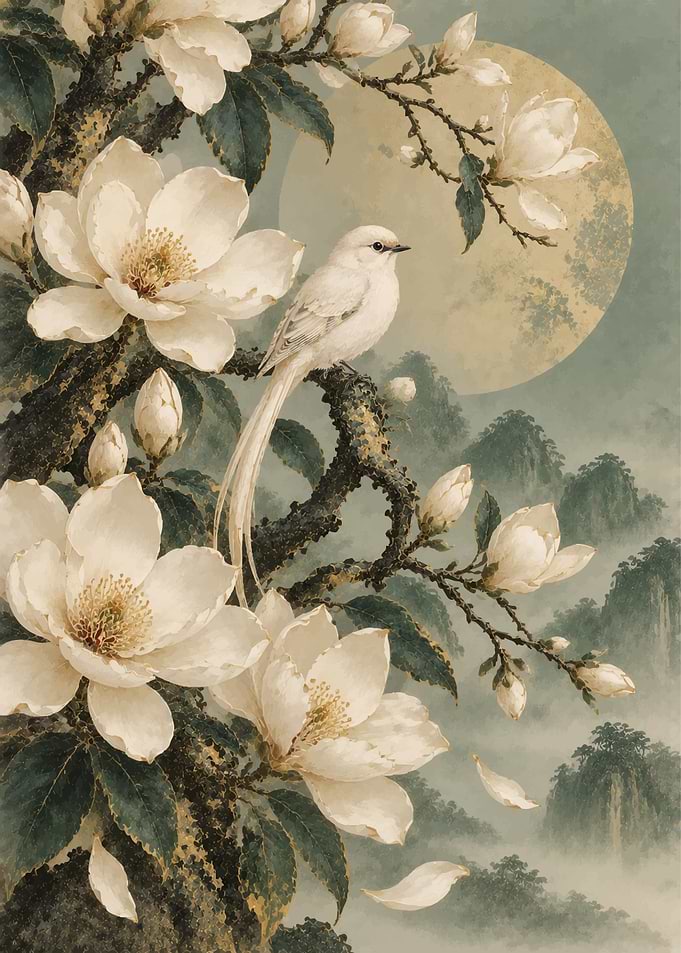 White Bird on Magnolia Branch