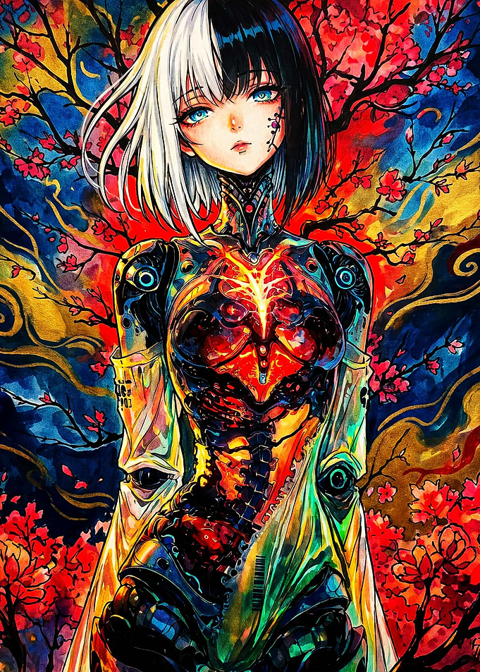 Cybernetic Anime Girl with Cherry Blossoms