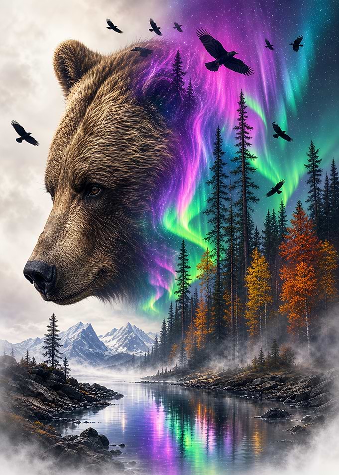 Majestic Bear and Northern Lights Landscape