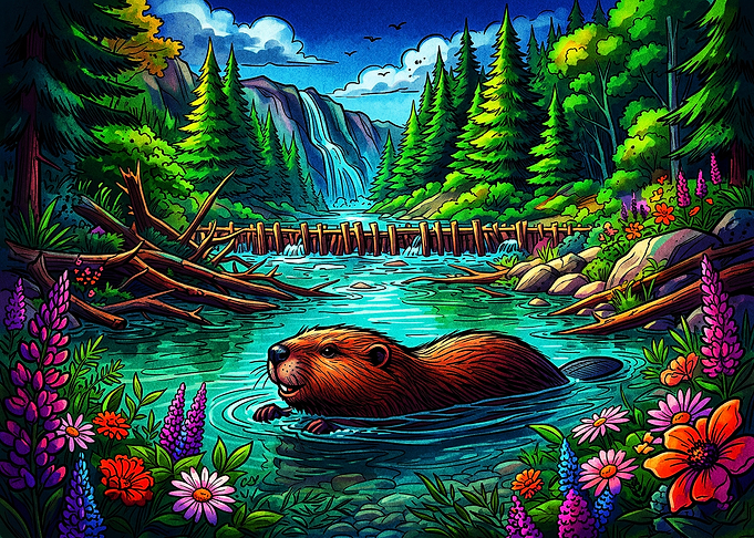 Beaver Swimming in Vibrant Forest Stream