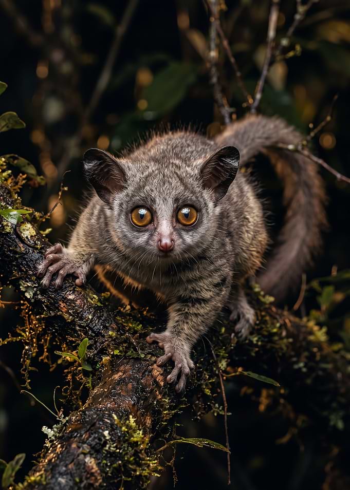 Galago Bushbaby on a Mossy Branch