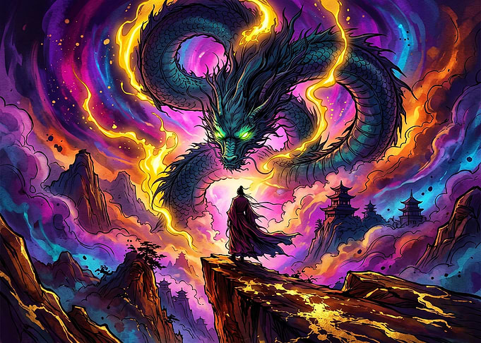 Warrior Facing a Celestial Dragon