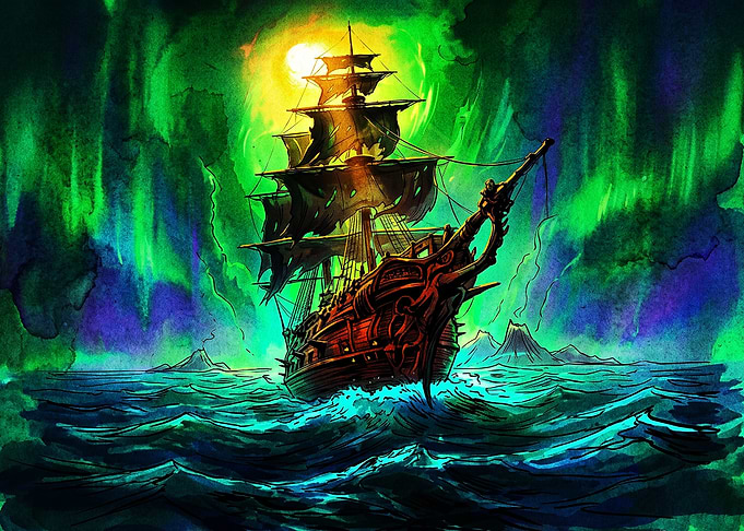 Ghost Ship Under Northern Lights