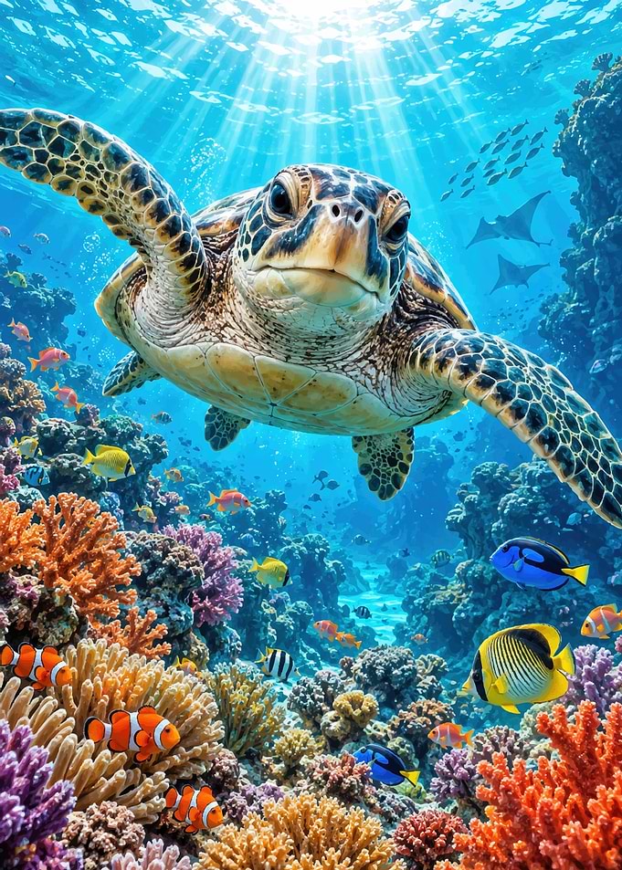 Sea Turtle Swimming in Coral Reef