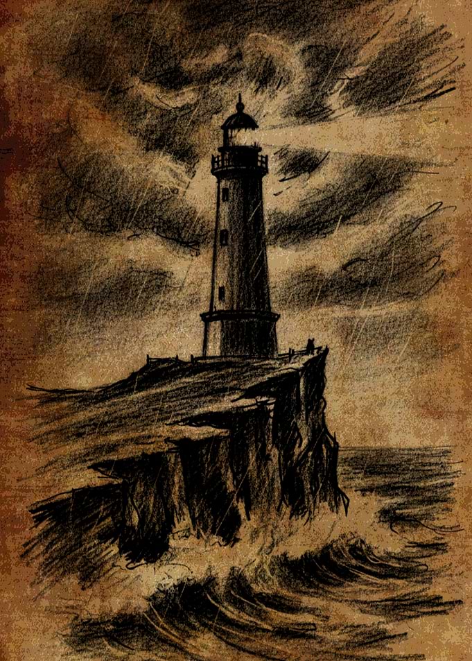Stormy Lighthouse Sketch on Parchment