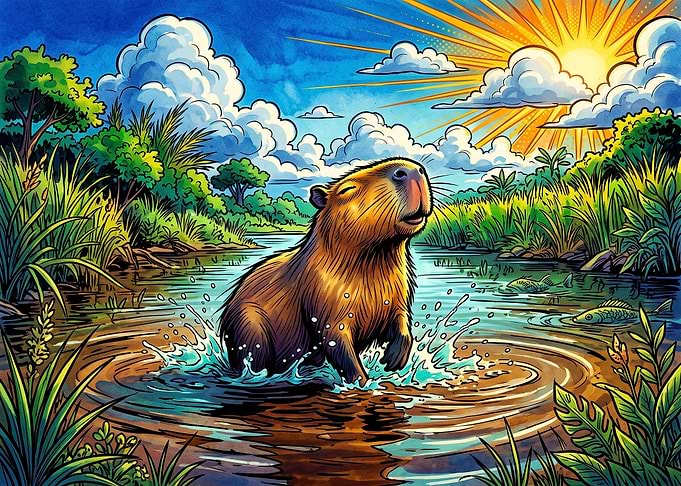 Happy Capybara Splashing in River