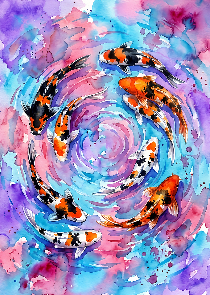 Watercolor Koi Fish Circular Composition