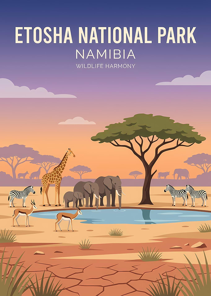Etosha National Park Namibia Travel Poster