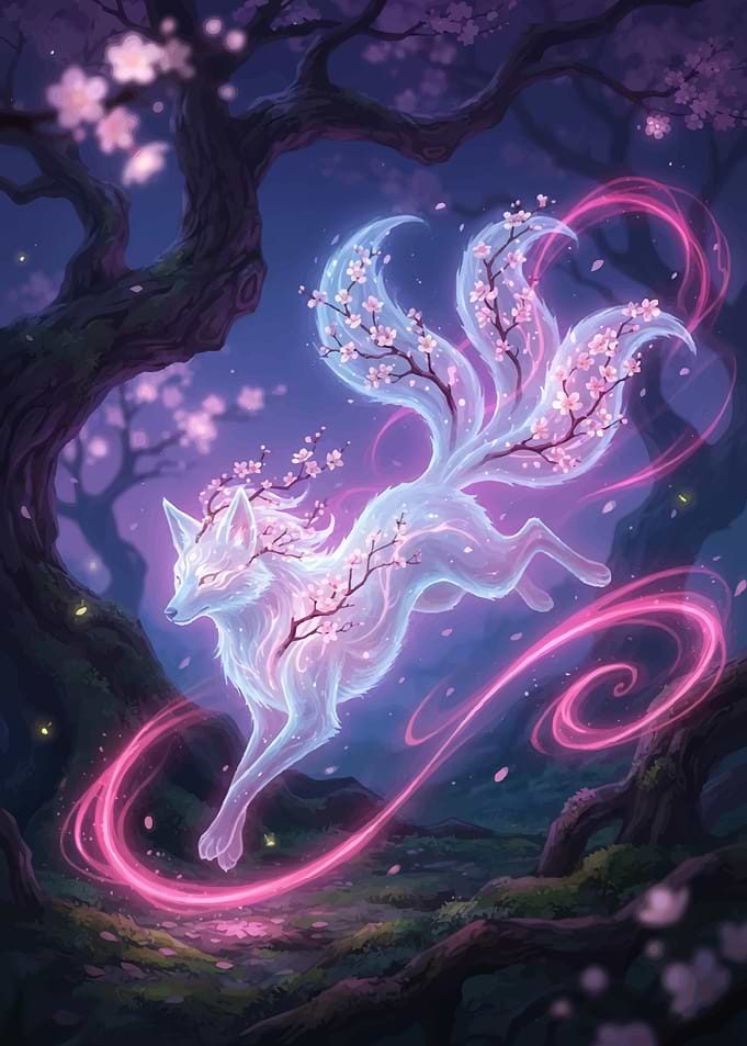Ethereal Kitsune with Cherry Blossoms