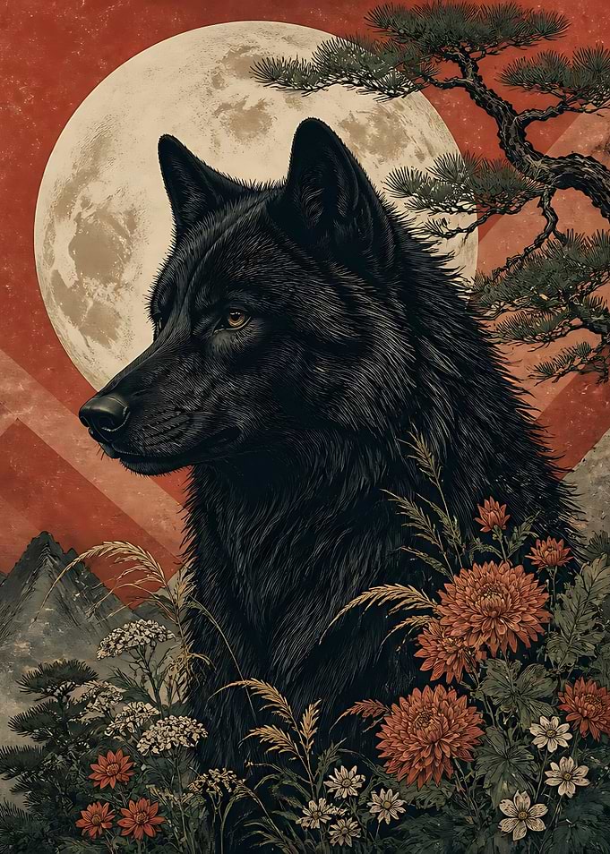 Black Wolf in Japanese Style
