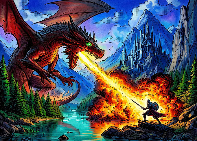 Knight Battling a Fire-Breathing Dragon