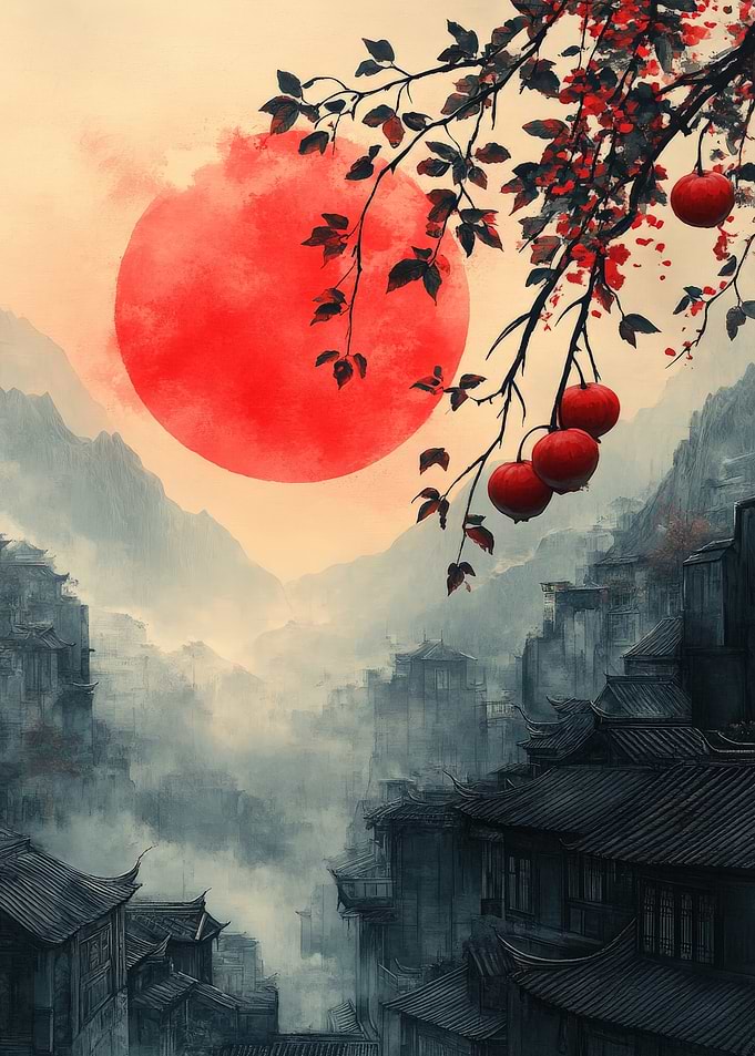 Misty Mountain Village at Sunset