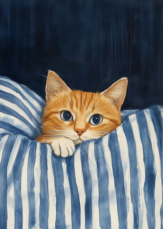 Cute Ginger Cat in Striped Blanket