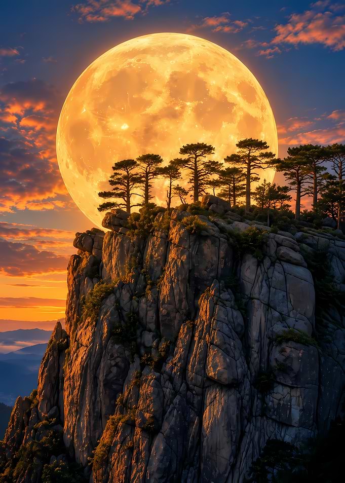 Giant Full Moon Over Rocky Cliff