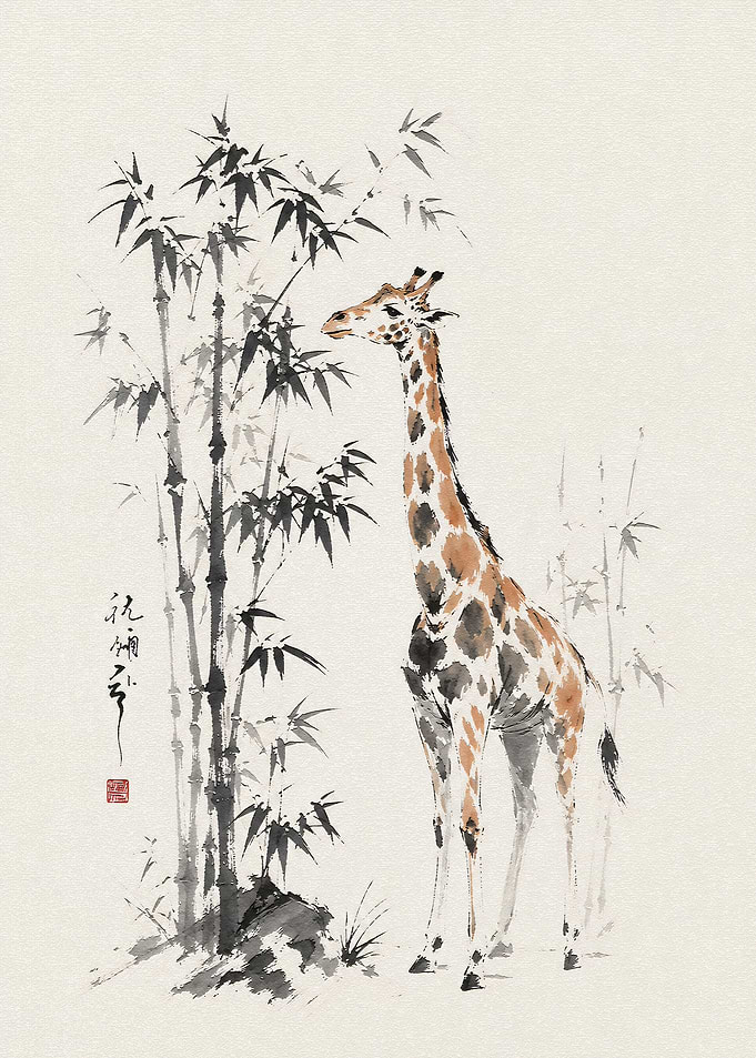 Giraffe in Traditional Ink Wash Style