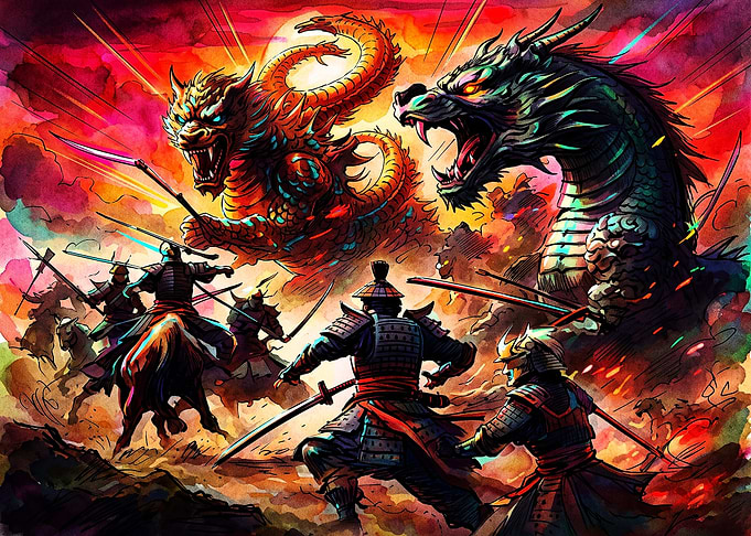 Samurai Warriors Battling Mythical Dragons