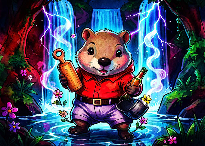 Cute Wombat Adventurer by Waterfall