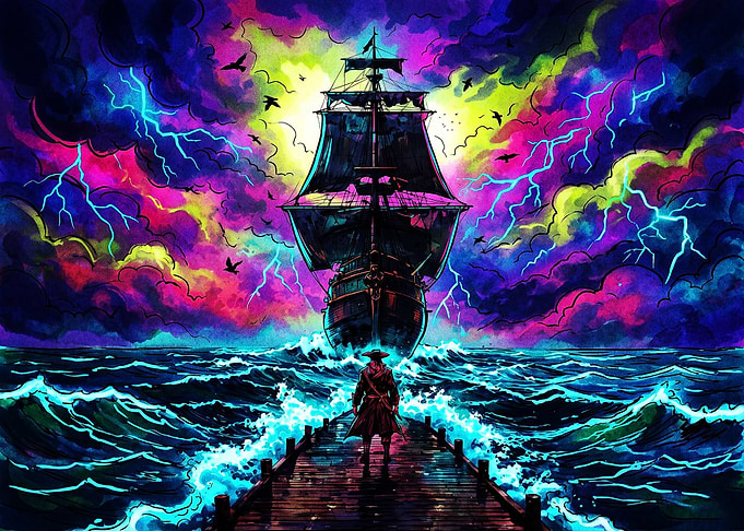 Pirate Ship Approaching Stormy Pier